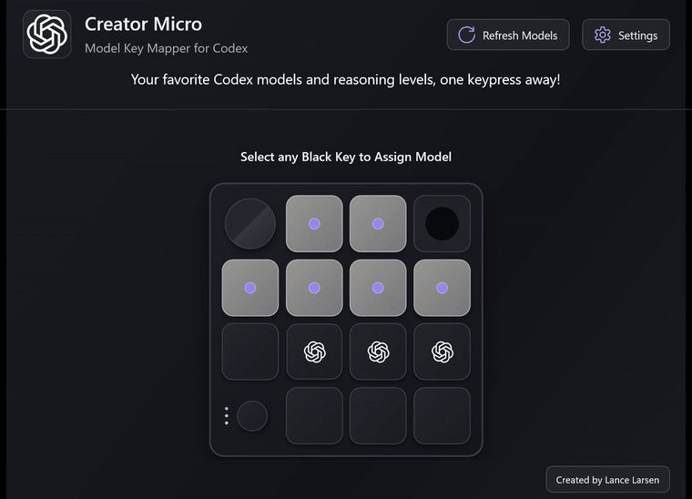 The mapper's dark keypad editor opens smoothly, lets you select keys and reasoning levels, and closes back to the keyboard.